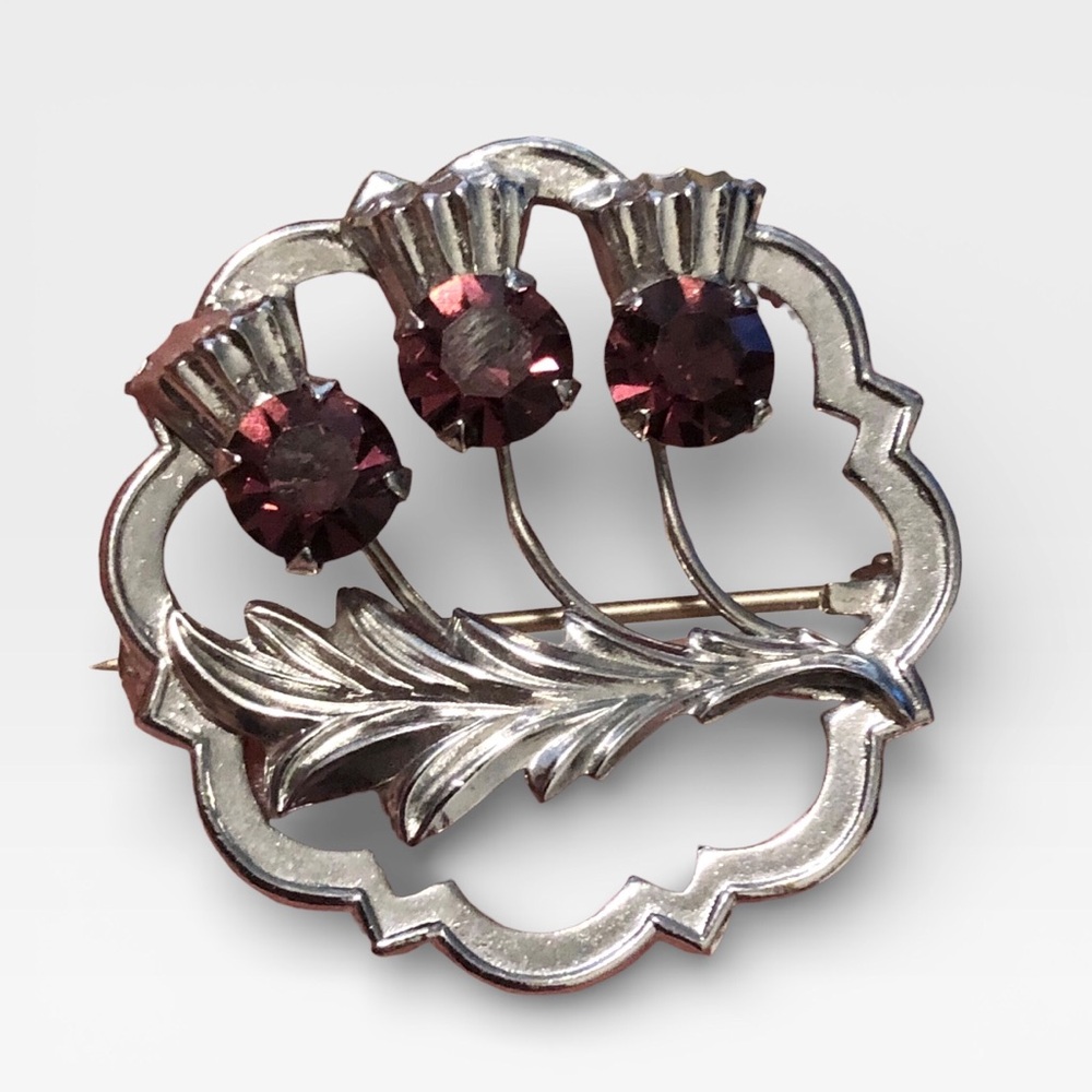 Mizpah Scottish Celtic Purple Rhinestone Thistle Brooch - Picture 2 of 5